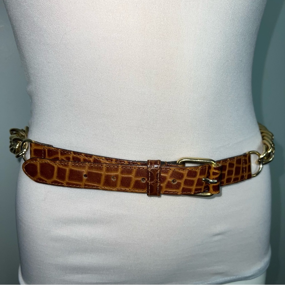 Axcess Genuine Leather Belt Women’s Large Brown Croc Embossed Gold Chain Italy